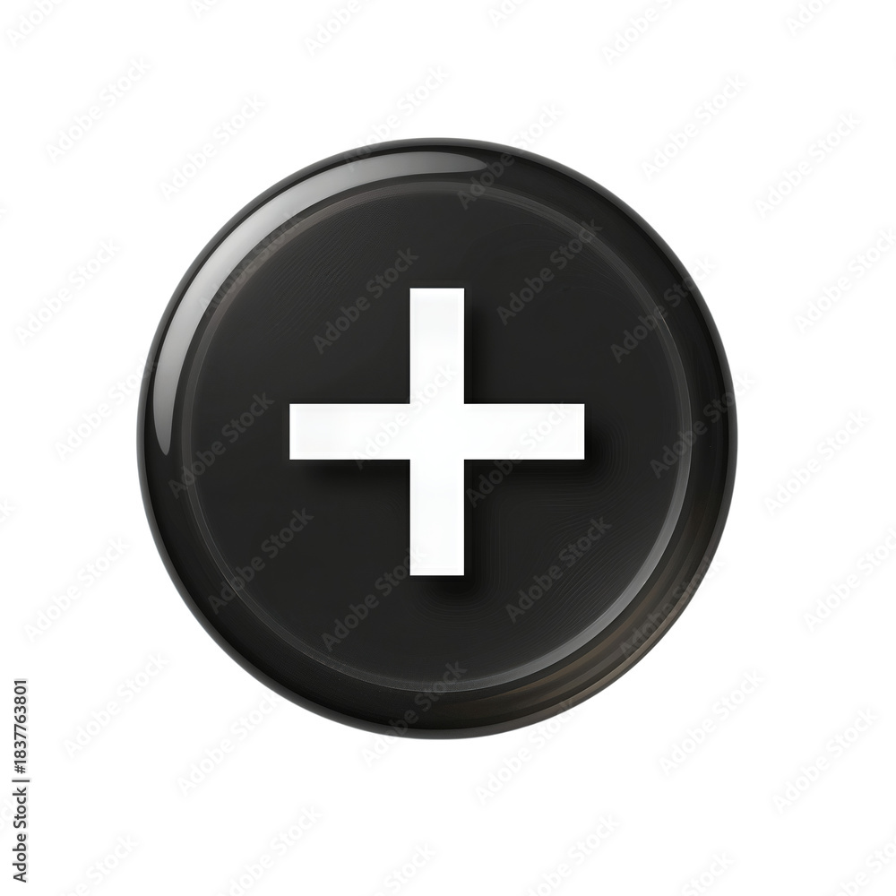 Fototapeta premium Glossy black button with a white plus symbol