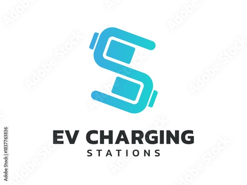 Electric vehicle with letter S Word Meaning station battery storage charging symbols logo vector design concept. EV charging logotype symbol for Electric Car, EV station, ui, infographic, application.