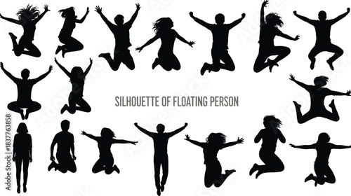 Floating person silhouettes, jumping poses, dynamic motion, expressive movement, airborne figures, dance leap art, posture reference, energy illustration, concept graphic