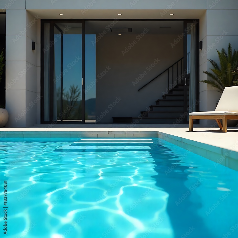 Fototapeta premium Modern swimming pool beside a luxury house with glass walls, wooden deck, and balcony. Calm water reflects sky and surroundings, creating a serene and spacious outdoor atmosphere.