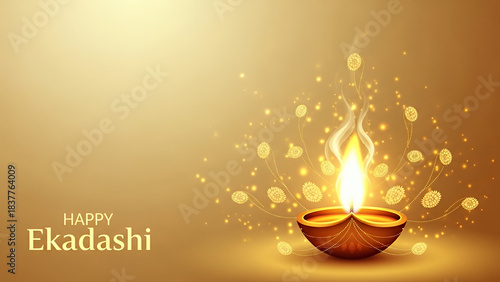 Ekadashi spiritual banner, soft gold gradient, diya flame and sesame motifs