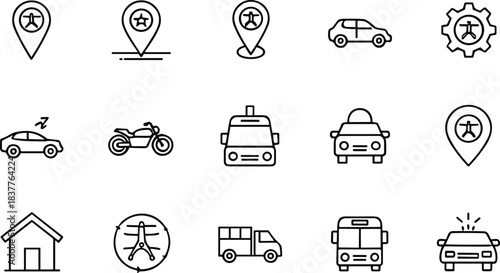 Essential Outline Icon Set for Ride-Sharing, Transportation, Map Navigation, Automotive Services, and Geographic Location Pins: A Simple Vector Collection.