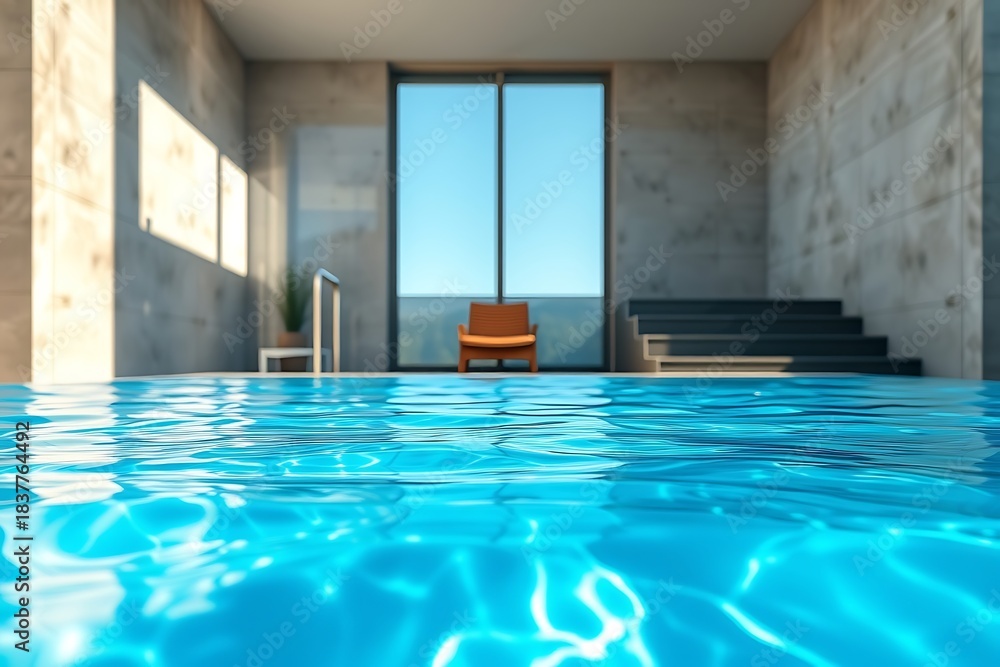 Fototapeta premium Modern swimming pool beside a luxury house with glass walls, wooden deck, and balcony. Calm water reflects sky and surroundings, creating a serene and spacious outdoor atmosphere.