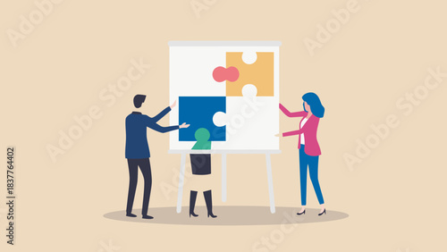 Teamwork illustration with people assembling puzzle pieces on a whiteboard in a collaborative setting