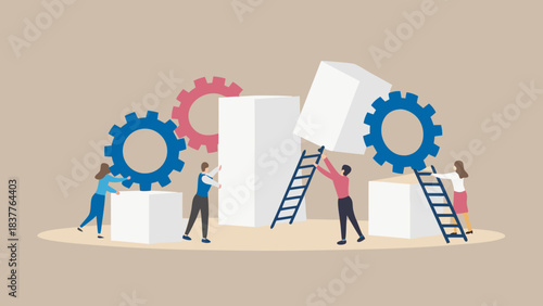 Teamwork illustration showing people building structure with gears and blocks collaboratively