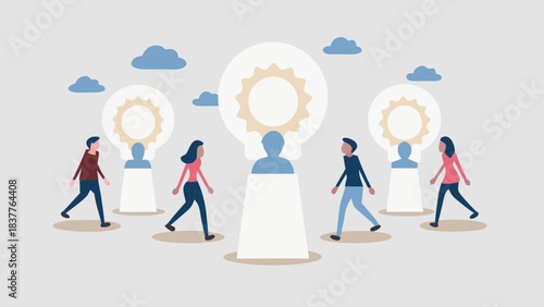 People walking towards lightbulb ideas with clouds in the background in a conceptual illustration
