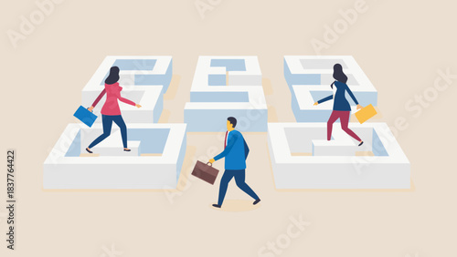 Three people navigating through separate mazes with briefcases in a stylized illustration style