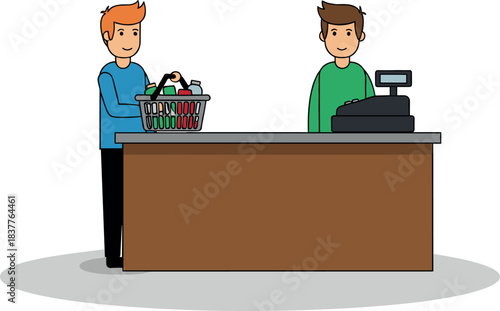 Customer Standing at Checkout Counter with a Shopping Basket Full of Groceries Interacting with a Friendly Cashier at a Retail Store Vector Illustration.