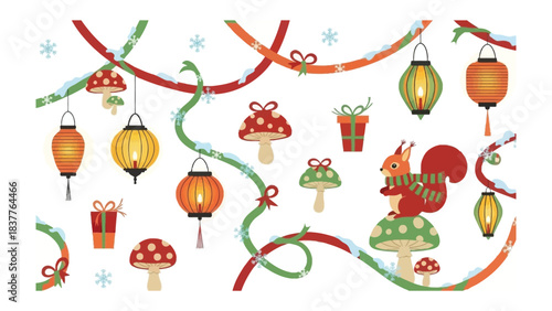 Festive Lanterns and Enchanted Forest: An artful scene featuring vibrant lanterns and mushroom, creating an atmosphere of cozy woodland charm