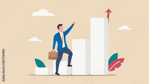 Man in suit climbing bar graph with briefcase and raised fist symbolizing success and growth path ahead