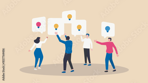 Group of people with lightbulb icons in speech bubbles representing ideas and brainstorming session together