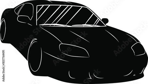 Black silhouette of a modern sports car, isolated on white background