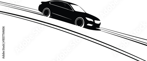 Black silhouette of a modern sports sedan driving fast on a curved road with tire tracks, isolated on white background
