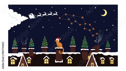 Christmas Eve's Eve Whispers: A Christmas-themed illustration captures a festive scene, the image shows a cat on the rooftop observing the magical night sky. 