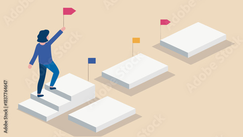 Person climbing stairs towards flags on platforms representing goals and achievement in a career path