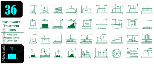Wastewater Treatment Icons Set,  36 Industrial Water Infrastructure Vector Elements