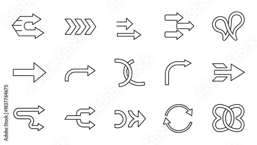 Set of 15 different black and outline arrow icons vector illustration