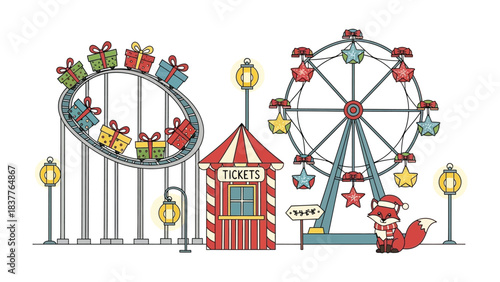 Whimsical Amusement Park Illustration: Festive illustration featuring a vibrant amusement park with a charming roller coaster, a towering Ferris wheel, a quaint ticket booth and playful fox.