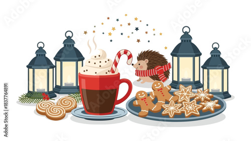 Festive Delight: A heartwarming Christmas scene with a steaming cup of cocoa, adorned with whipped cream and a candy cane, alongside an array of gingerbread cookies and lanterns.