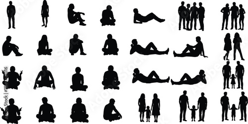 Human silhouette collection, sitting standing poses, family group vector, black and white design, social posture illustration, people arrangement artwork
