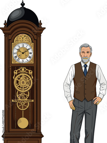 Detailed vector illustration of a stately antique grandfather clock with visible internal brass gears, standing next to a dignified senior man in a formal waistcoat, symbolizing time and tradition.