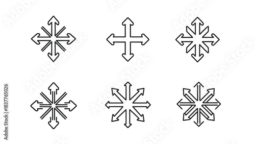 Set of six black and line art icons representing arrows pointing in multiple directions