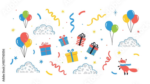 Festive Celebratory: A lively illustration filled with colorful balloons, wrapped presents, and fluttering confetti evokes the excitement and joy of special occasions.