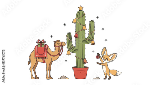 Desert Holiday: A whimsical holiday scene featuring a charming camel laden with gifts and a playful fox decorating a cactus tree, stars twinkling above.