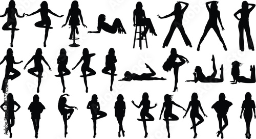 Human silhouette poses, yoga stances, dance movements, sitting and standing gestures, anatomy reference, posture guide, artistic figure drawing, motion study