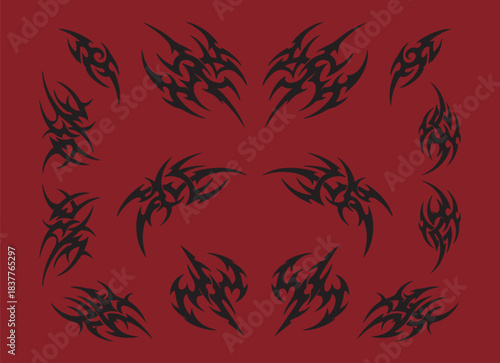 Neo Tribal Shapes Collection. Set Of Y2k Cyber Sigilism Tattoo Gothic Patterns Vector Design. Streetwear Print Graphic.