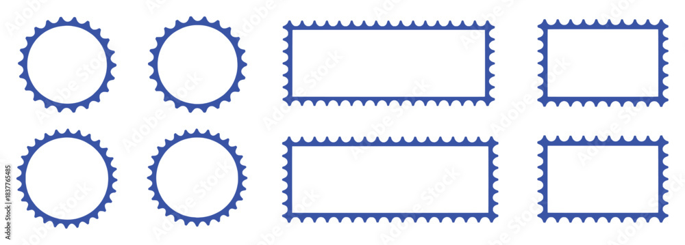 Fototapeta premium Collection of Blue Perforated Stamp Borders: Circular and Rectangular Frames