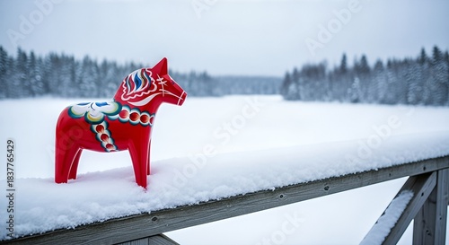 A red Dala horse figurine stands on a snow-covered wooden railing overlooking a vast winter landscape with a frozen lake and distant forest.