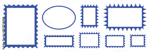 Collection of Blue Postage Stamp Frames and Oval Border on White Background
