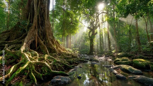 Lush Green Rainforest Scenery with Large Tree Roots and Tranquil Stream Sunlight Filtering Through Trees Casting Ethereal Beams Creating Serene Atmosphere