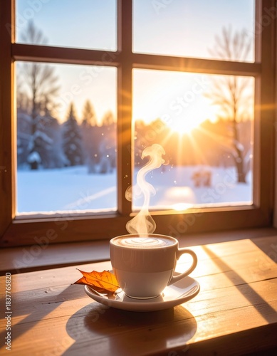 窓際に差し込む暖かな光と、霜がかかったガラスが冬の空気を演出。
テーブルの上には湯気の立つカップが置かれ、静かな時間が流れる。