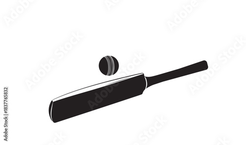 Black silhouette of a cricket bat and ball on a white background