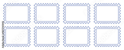Collection of eight blank blue postage stamp outlines on a white background