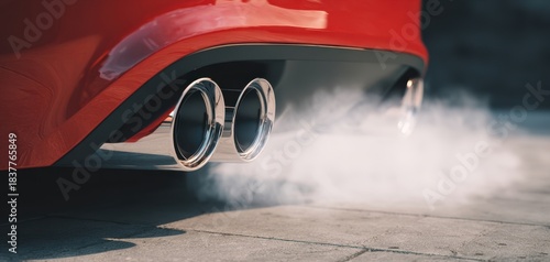 The car exhaust emitting thick white smoke from a red sports vehicle on pavement