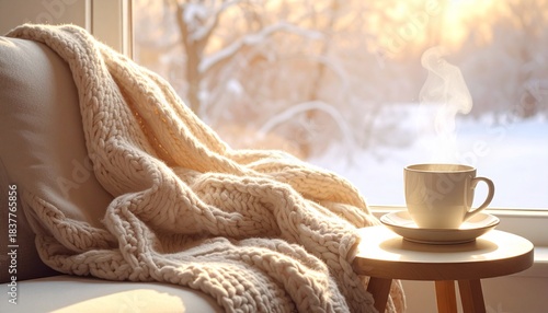ウールブランケットに包まれた読書コーナーと、テーブルの上の温かい紅茶。
室内にはやさしい金色の冬の光が広がる。