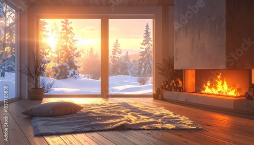 暖炉の炎が赤く揺れ、橙色の光が室内全体をやさしく包み込む。
木製フロアには温もりのある反射が広がり、冬らしい安らぎを演出。