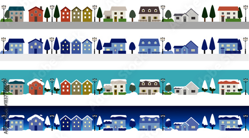 家・街並みのイラスト（昼・冬・夜）