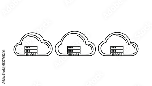 Three cloud computing icons with server racks inside, line art illustration