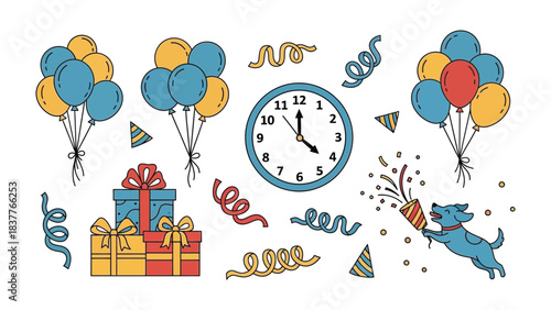 Festive Elements: A joyful assembly of celebration elements, including vibrant balloons, a decorative clock, delightful party streamers, festooned gift boxes, and a playful party animal.