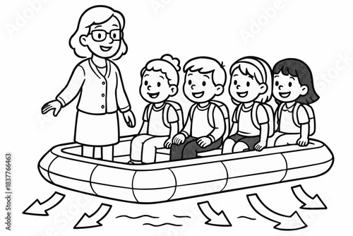 Coloring book for children - A teacher instructs children on an inflatable boat during a fun activity.