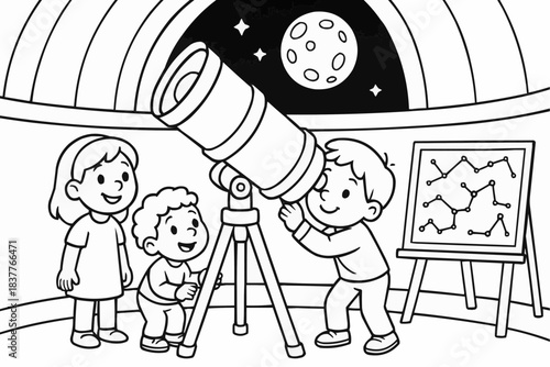 Coloring book for children - Children observing stars through telescope in planetarium setting  