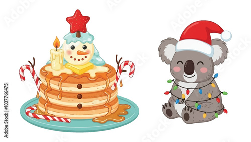 Festive Delights: Christmas-themed pancake with snowman and koala with a Santa hat amidst vibrant lights, offering a cheerful depiction of seasonal fun.