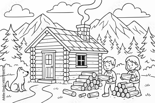 Coloring book for children - Children gathering firewood near log cabin in forest scene  