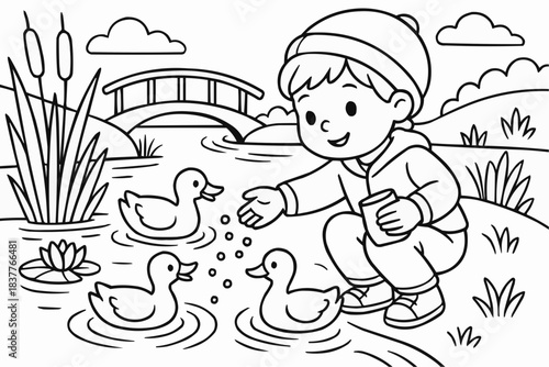 Coloring book for children - Young boy feeding ducks in a pond surrounded by greenery  