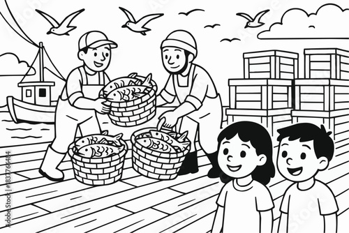 Coloring book for children - Children watch as two fishermen unload fish at the port.