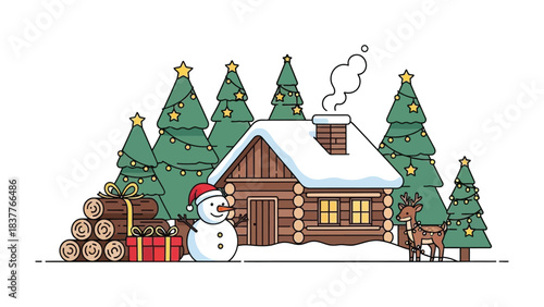 Winter Cabin Christmas Illustration: An idyllic winter scene unfolds, with a cozy cabin blanketed in snow, festive Christmas trees adorned with twinkling lights.